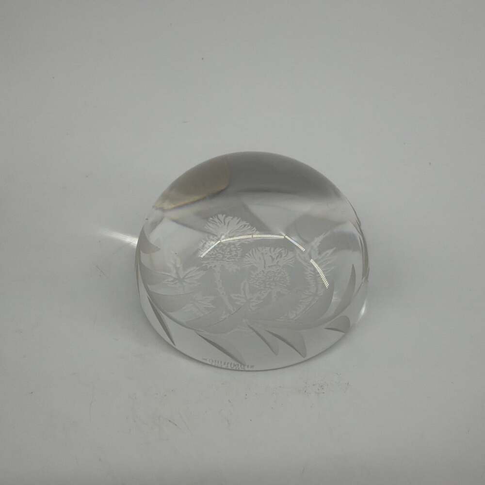 Vintage Edinburgh Crystal Paperweight Etched Thistle Glass Scotland MARKED